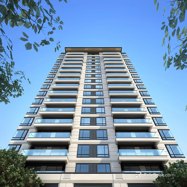 High Rise Modern Residential Building With Glass Balconies Greenery And Blue Sky 3d model 