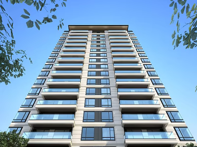 High Rise Modern Residential Building With Glass Balconies Greenery And Blue Sky 3d model