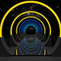 Futuristic Office Corridor With Blue Yellow Glowing Rings And Starry Sky Background