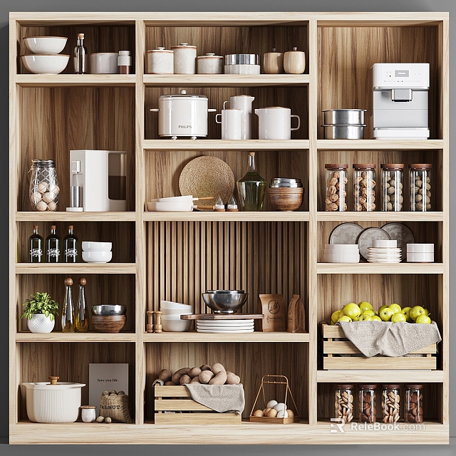 Wooden Kitchen Shelves With Various Tableware Set 3d model 