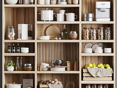 Wooden Kitchen Shelves With Various Tableware Set 3d model