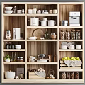 Wooden Kitchen Shelves With Various Tableware Set