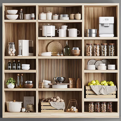 Wooden Kitchen Shelves With Various Tableware Set 3d model