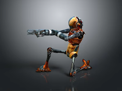 Robot Character With Mechanical Structure Holding Gun In Orange Black Sci Fi Design 3d model