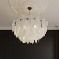 White Feather Shaped Crystal Chandelier Ceiling Mounted With Ornate Ceiling And Dark Wall