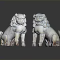 Pair of Traditional Carved Stone Lion Statues with Reflective Base
