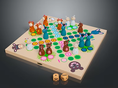Children's Wooden Board Game with Colorful Animal Figurines Green Leaf Patterns and Wooden Dice 3d model