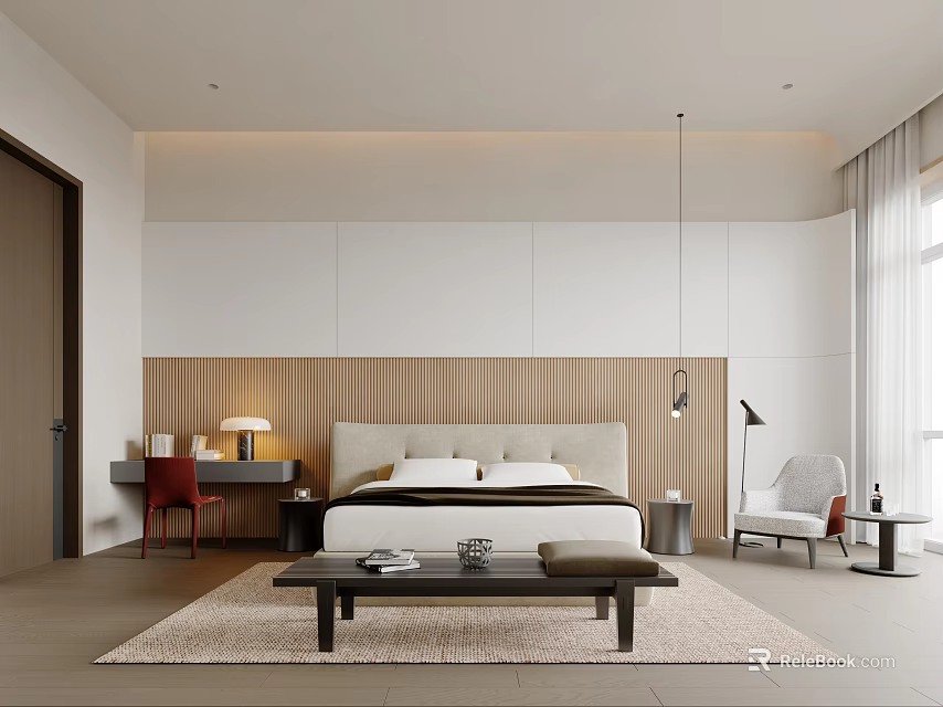Modern Contemporary Bedroom Interior Design With Bed Wooden Headboard Nightstand Table Lamp And Area Rug 3d model 