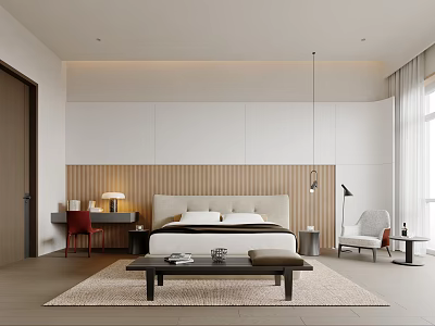Modern Contemporary Bedroom Interior Design With Bed Wooden Headboard Nightstand Table Lamp And Area Rug 3d model