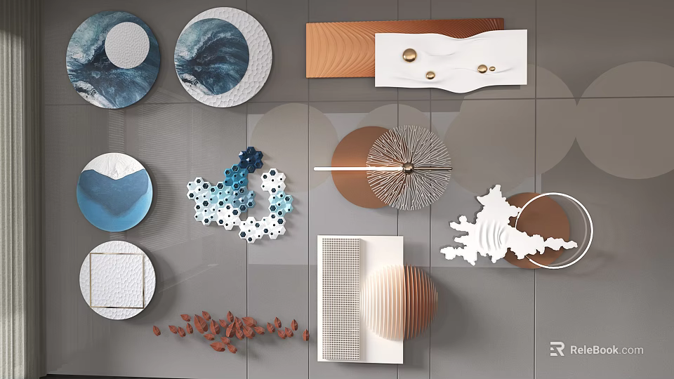 Modern Minimalist Decorative Ornament Set With Circular Rectangular Ceramic Metallic Blue White Orange Pieces 3d model