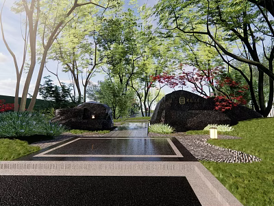 Rockery Stones in Serene Garden Landscape With Trees Grass Pathway and Water 3d model