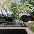 Rockery Stones in Serene Garden Landscape With Trees Grass Pathway and Water