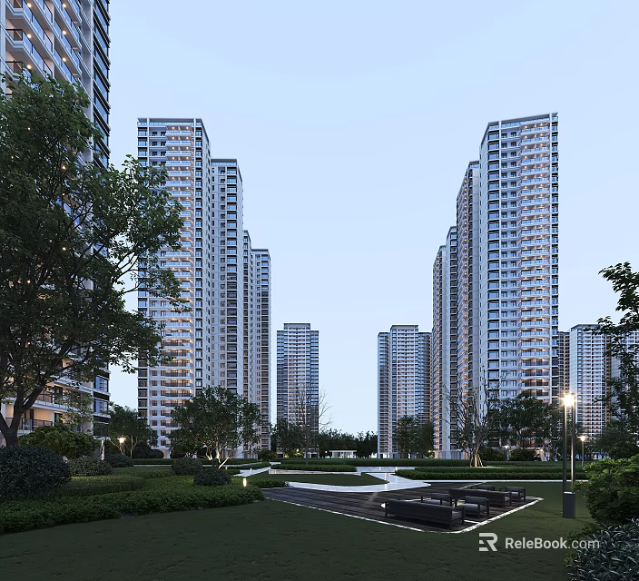 High-Rise Residential Community With Greenery Lawn Pathways And Street Lamps 3d model 