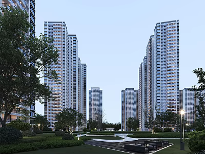 High-Rise Residential Community With Greenery Lawn Pathways And Street Lamps 3d model