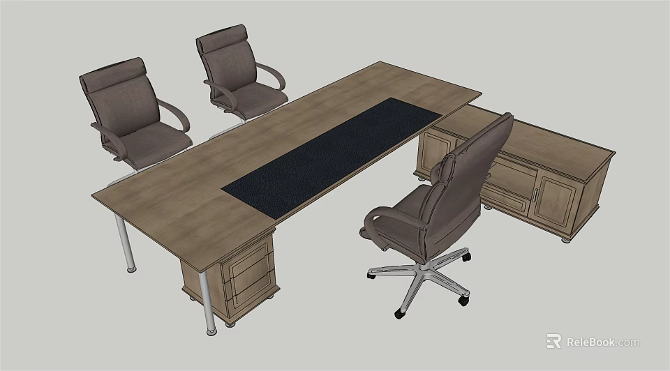 Wooden Office Desk With Black Pad Three Chairs And Drawer Cabinet 3d model 