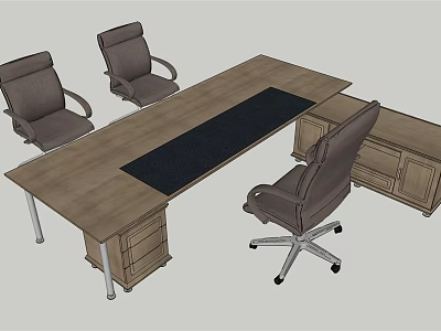 Wooden Office Desk With Black Pad Three Chairs And Drawer Cabinet 3d model