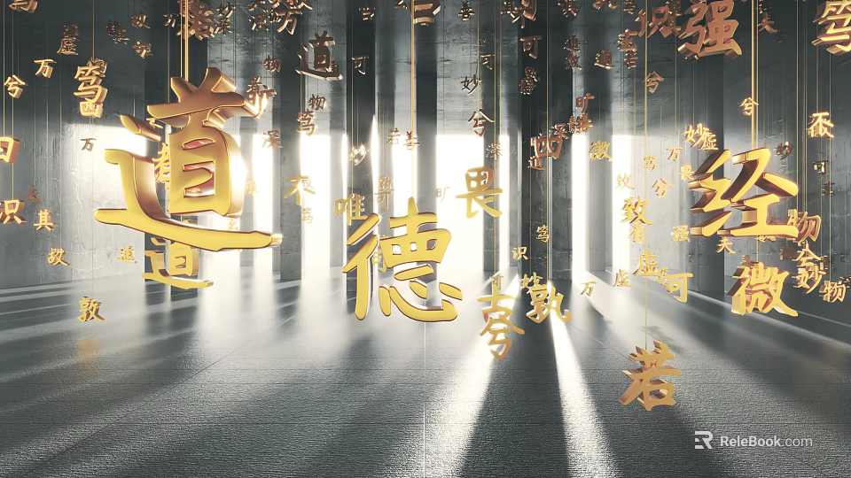 Traditional Golden Chinese Calligraphy Characters Displaying Moral Values In Illuminated Space 3d model 