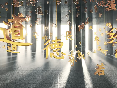 Traditional Golden Chinese Calligraphy Characters Displaying Moral Values In Illuminated Space 3d model