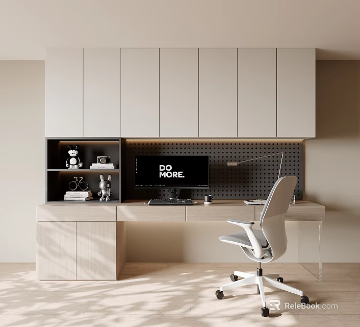 Modern Home Office Desk With White Cabinets Black Backdrop Computer Desk Lamp And Office Chair 3d model 