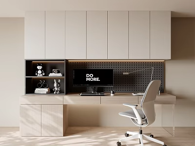 Modern Home Office Desk With White Cabinets Black Backdrop Computer Desk Lamp And Office Chair 3d model