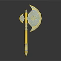 Ornate Golden Axe With Blue Decorations Spiral Pattern And Carved Handle