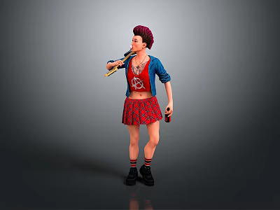 Woman with red hair wearing blue cardigan and red patterned skirt holding microphone and bottle 3d model
