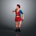 Woman with red hair wearing blue cardigan and red patterned skirt holding microphone and bottle