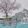 Scenic Wall with Waterfall Rocks Cherry Blossom and Pine Tree by Pond