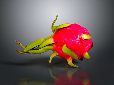 Fresh Red Dragon Fruit With Vibrant Skin And Green Leaves On Gray Background 3d model