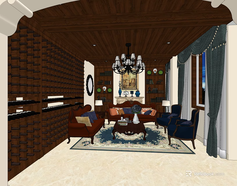 Luxurious Wine Cellar Interior With Wooden Wine Racks Sofa Armchairs And Chandelier 3d model 