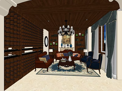 Luxurious Wine Cellar Interior With Wooden Wine Racks Sofa Armchairs And Chandelier 3d model