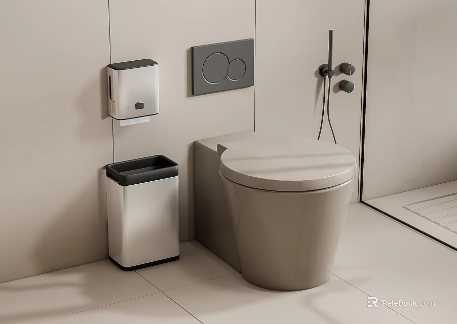 Modern Toilet in Contemporary Bathroom with Silver Trash Bin Toilet Paper Holder and Control Panel 3d model 