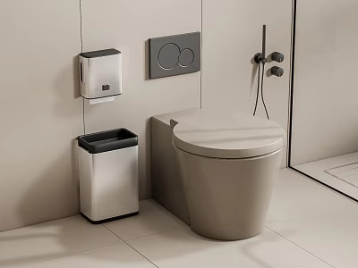 Modern Toilet in Contemporary Bathroom with Silver Trash Bin Toilet Paper Holder and Control Panel 3d model