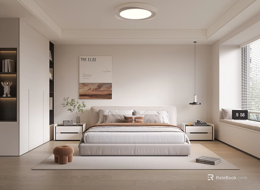 Modern Minimalist Bedroom Interior Design With Comfortable Bed Bedside Tables And Wall Art 3d model 