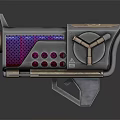 Futuristic Sci Fi Weapon With Metallic Design Purple Blue Accents Circular Components And Support Stand