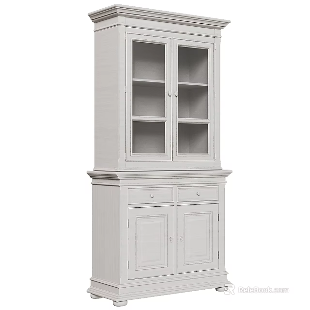 White Decorative Cabinet With Glass Doors Upper Shelves And Drawer Base Design 3d model 