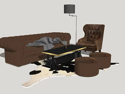 Classic Brown Sofa Coffee Table Set With Tufted Armchair Ottoman Cowhide Rug and Floor Lamp 3d model