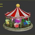 Kids Carousel With Red And White Striped Tent Golden Top And Decorative Horses