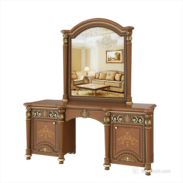 Classical Dressing Table With Ornate Carved Details And Gold Accent Mirror 3d model 