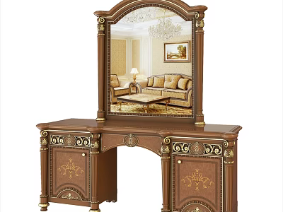 Classical Dressing Table With Ornate Carved Details And Gold Accent Mirror 3d model