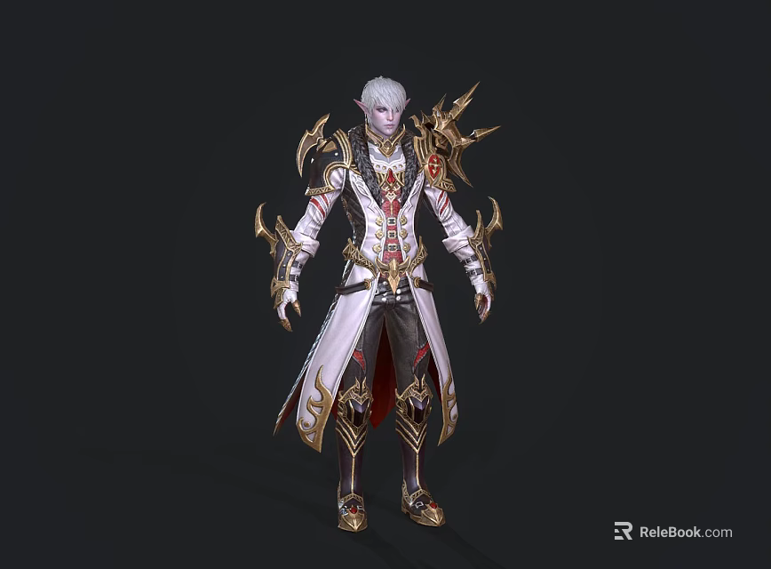 Man with white hair in elaborate fantasy costume featuring golden accents and wing like decorations 3d model 