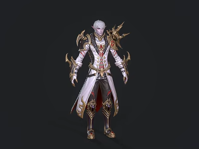 Man with white hair in elaborate fantasy costume featuring golden accents and wing like decorations 3d model