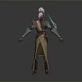 Futuristic Biomechanical Character With Silver Armor Green Red Accents And Long Tunic