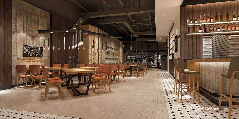 Modern Restaurant Open Layout With Wooden Tables Chairs Pendant Lights Brick Walls And Bar Counter 3d model 