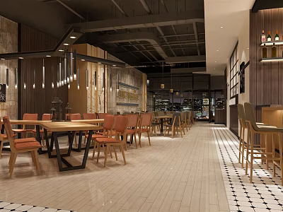Modern Restaurant Open Layout With Wooden Tables Chairs Pendant Lights Brick Walls And Bar Counter 3d model