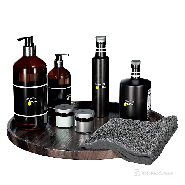 Stylish Bathroom Accessories Set With Bottles Jars And Towel 3d model