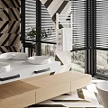 Modern Contemporary Bathroom Interior With Freestanding Bathtub Toilet And Geometric Floor Blinds