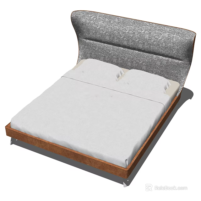 Double Bed With Gray Upholstered Headboard Wooden Frame And White Mattress 3d model 