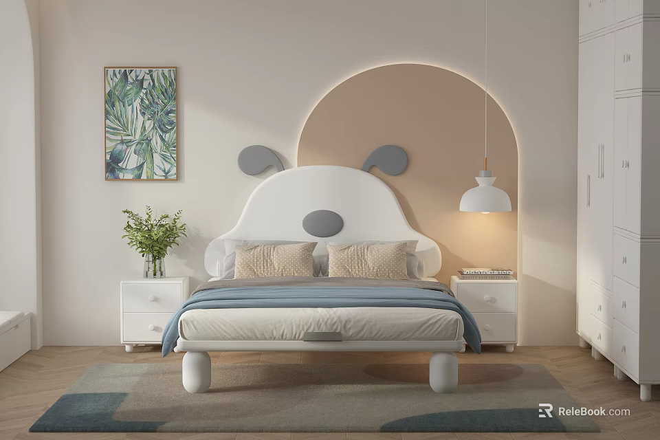 Children's Bed With Bear Ear Headboard White Gray Nightstand Lamp Green Plant Painting Arched Wall 3d model 