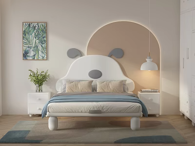 Children's Bed With Bear Ear Headboard White Gray Nightstand Lamp Green Plant Painting Arched Wall 3d model